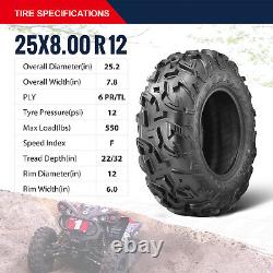 OBOR Set Of 2 25x8R12 25x8x12 ATV Tires 6PLY SXS UTV Tire All Terrain Heavy Duty