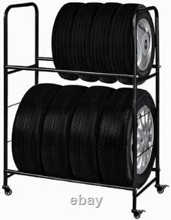 Rolling Tire Storage Rack With cover Holds 8 Metal Heavy Duty Garage Organizer