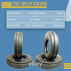 Two 7.50-16 Rib Front Tractor Tires Heavy Duty 10 Ply Rated Tubeless 750X16 F2